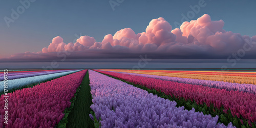 Colorful flower field with rows of pink, purple, and orange blooms under dramatic sky with pink clouds at sunset, creating peaceful and vibrant landscape scene