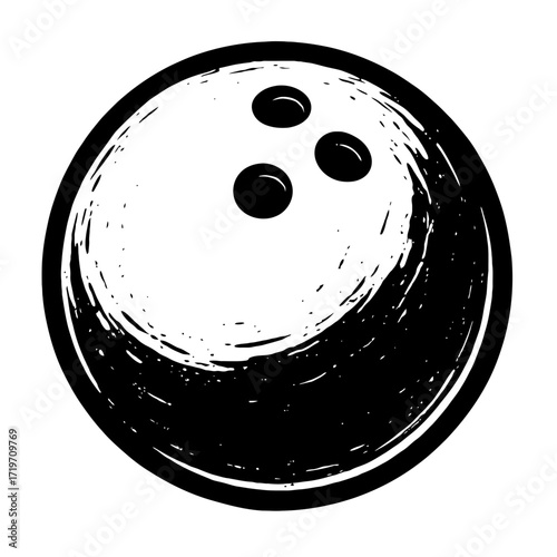 Stylized Black and White Bowling Ball Icon with Distressed Grunge Texture, Perfect for Sports Logos, Gaming Assets, Vector Graphics, Recreation Themes, Athletic Emblems, and Retro Design Elements. Han