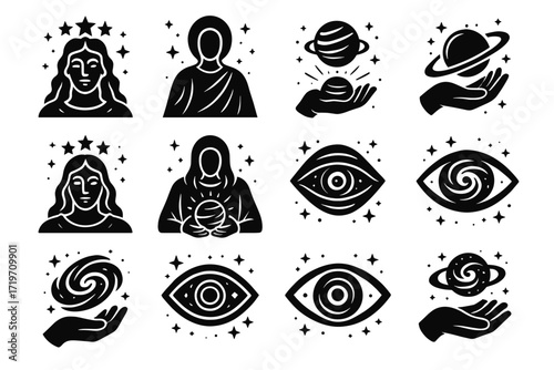 Mystical symbols: planets, eyes, and figures with celestial elements