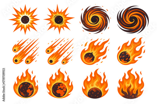 Set of explosive fireballs and flaming meteors in dynamic cartoon style