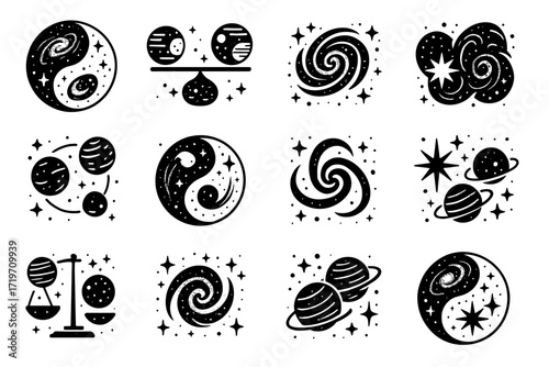 Celestial symbols: yin yang, galaxies, and cosmic balance in monochrome art