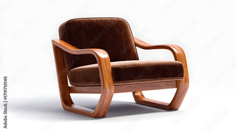 Fototapeta premium Elegant and comfortable mid-century inspired armchair with a wooden frame and plush brown velvet upholstery, showcasing a timeless and minimalist design.