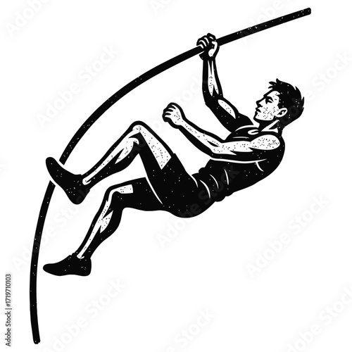 Monochrome art of a male pole vaulter executing a powerful vertical jump in track and field. Showcasing peak athletic performance, this image captures the strength, agility, and skill vital for succes