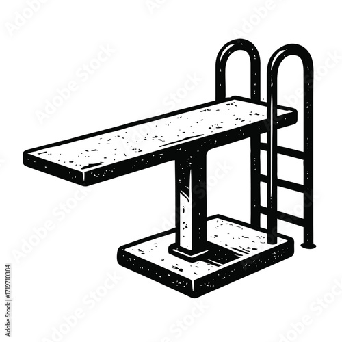 Black & White Diving Board Illustration, depicting a Classic Swimming Pool Structure with an Access Ladder. This Vintage-Style, Hand-Drawn Graphic is Ideal for Summer Sports, Aquatic Leisure, Retro De