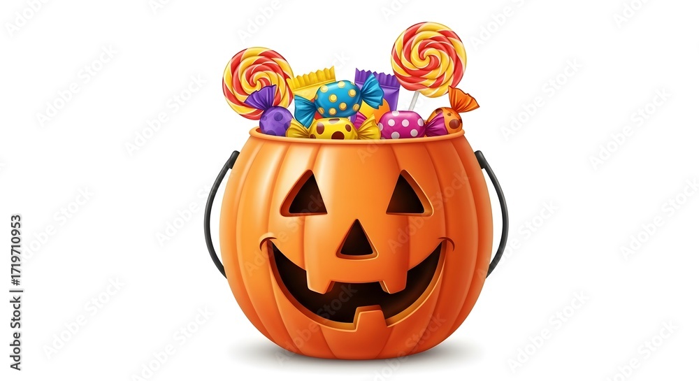 Fototapeta premium Illustration of pumpkin bucket full of halloween candy isolated on white background