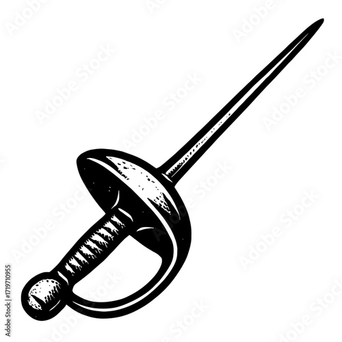 Monochrome vector art: historical rapier sword with slender blade, elegant bell guard, and textured grip. Ideal for fencing, martial arts, medieval themes, dueling, and combat sports designs. Symboliz