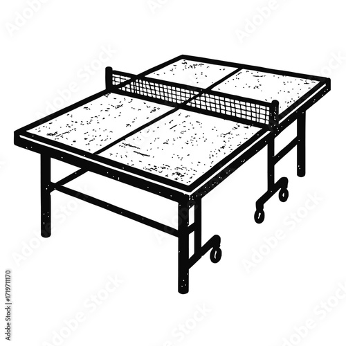 Black and white line art illustration of a classic table tennis table, complete with its net, showing a distinctive speckled playing surface and sturdy wheeled legs. This iconic ping-pong setup is rea