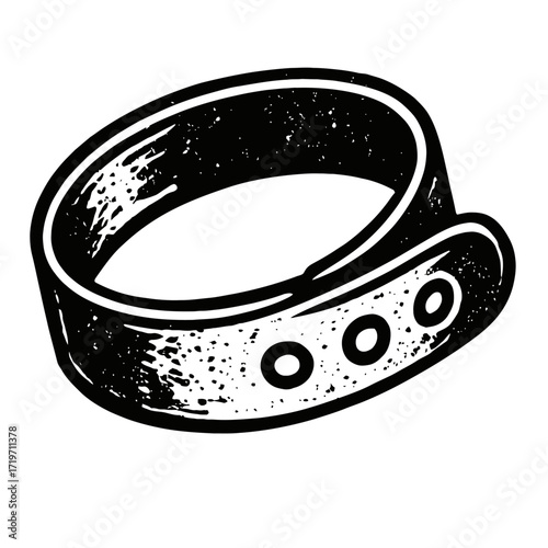 Vintage Distressed Leather Wristband Accessory Illustration: A Bold, Monochrome Graphic Design Featuring a Retro Punk Style Cuff with Three Buckle Holes, Perfect for Edgy Fashion, Rocker Aesthetics, a