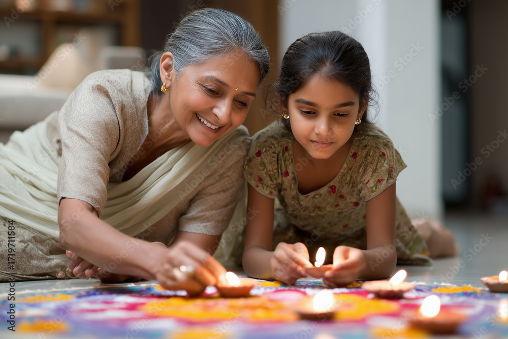 Fototapeta premium Indian family celebrating Diwali at home, lighting diyas and candles, colorful rangoli on floor, 