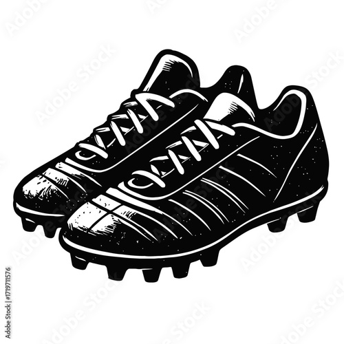 Classic Black and White Illustration of Vintage Soccer Cleats – A Pair of Athletic Football Boots with Laces and Studs for Pitch Performance, Ideal for Sports Enthusiasts, Graphic Design, and Retro Ar