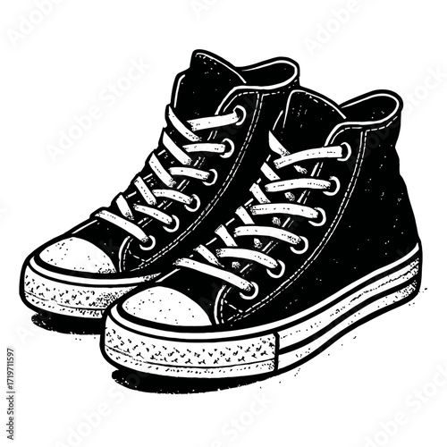 Black High-Top Canvas Sneakers Illustration: Classic Monochrome Design, White Laces & Toecaps. Hand-drawn Retro Art for Urban Streetwear, Vintage Fashion, Athleisure. Ideal for E-commerce. SEO Visual