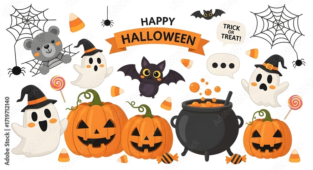 Naklejka premium Illustration of happy halloween illustration with pumpkins and ghosts isolated on white background