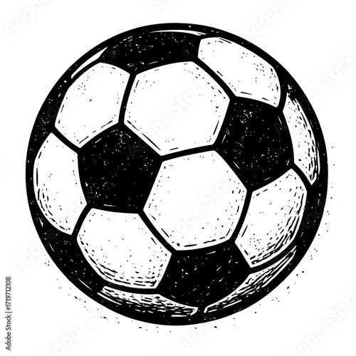 Hand-Drawn Soccer Ball Illustration: Vintage Black & White Football Artwork with Textured Details, Ideal for Sports Graphics, Athletic Designs, Retro Game Themes, Monochrome Athletic Logos, and Sporti