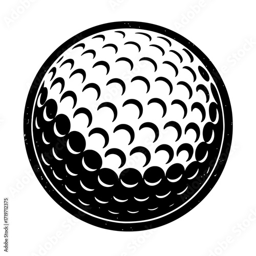 Classic black and white illustration of a golf ball, showcasing its iconic dimpled surface design with a striking high-contrast aesthetic. This versatile vector graphic is ideal for sports branding, g