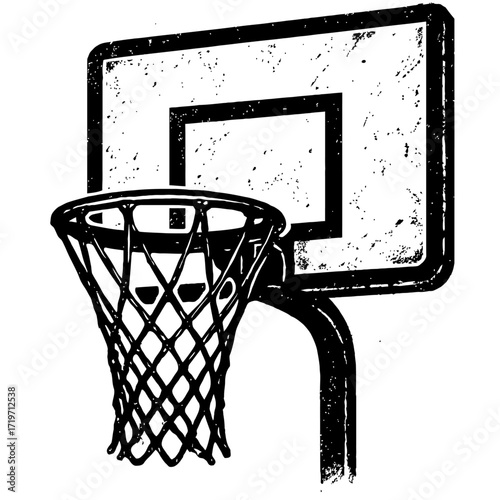 Dynamic Black & White Basketball Hoop and Backboard Illustration: Classic Sports Equipment Design with a Grungy, Textured, High-Contrast Artistic Style Perfect for Athletic Themes, Game Graphics, and