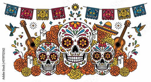 Dia de Muertos Sugar Skulls and Festive Elements