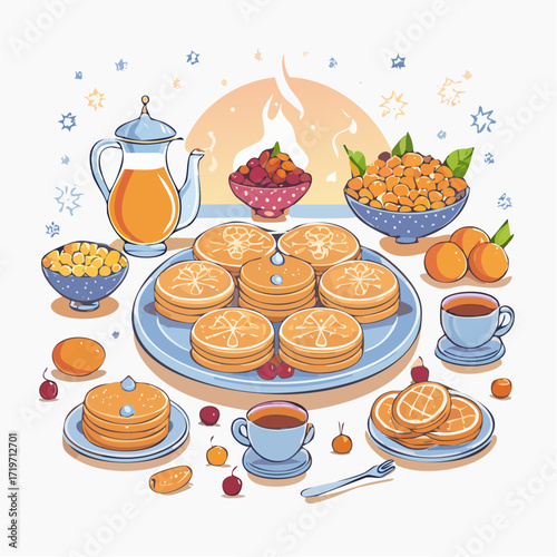Cozy Winter Breakfast Table with Pancakes and Citrus Fruit