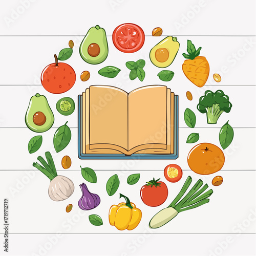 Open Cookbook Surrounded by Colorful Fresh Produce