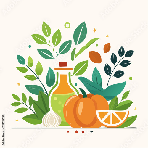 Vibrant Autumnal Harvest Still Life with Pumpkin, Citrus, and Herbs