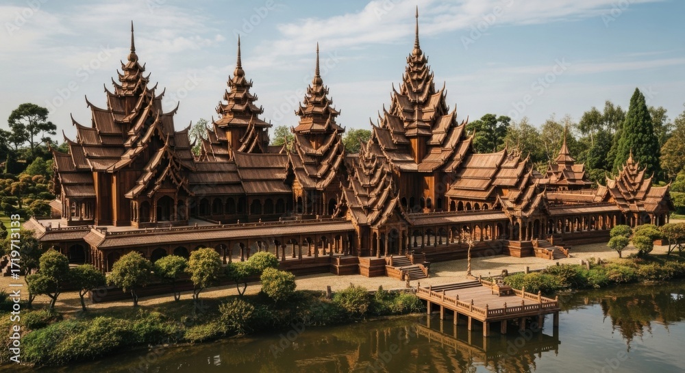 Fototapeta premium Traditional Thai Wooden Palace with Multiple Roofs and Waterfront Setting