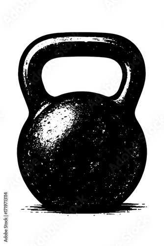 Vintage distressed black and white illustration of a classic heavy-duty kettlebell weight, perfect for strength training, intense fitness workouts, gym equipment, home exercise, and functional movemen