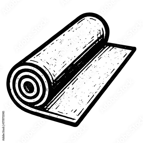 Black and white line art of a partially unrolled mat with a textured surface, ideal for yoga, exercise, fitness, camping, beach, floor protection, or meditation. This versatile monochrome vector illus