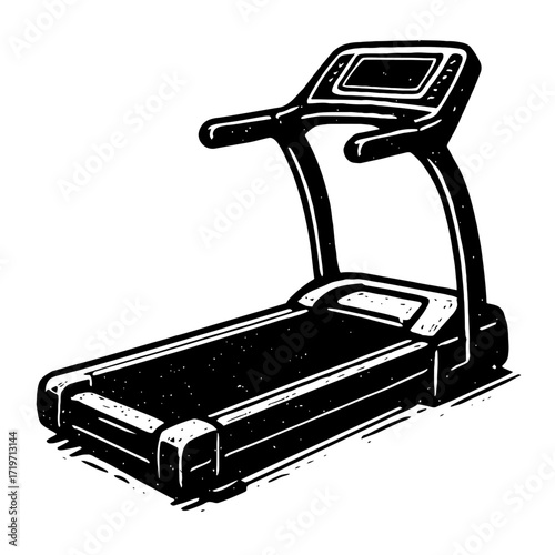 Classic black and white linocut illustration of a modern fitness treadmill, perfect for home gym setups, cardiovascular exercise, and indoor running workouts, emphasizing health and wellness routines