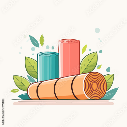 Rolled Yoga Mats with Green Leaves Illustration