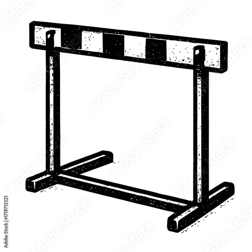 Vintage Track and Field Hurdle Illustration: A classic black and white line art drawing of an athletic barrier, essential for competitive running, jumping, and obstacle training. This historical graph