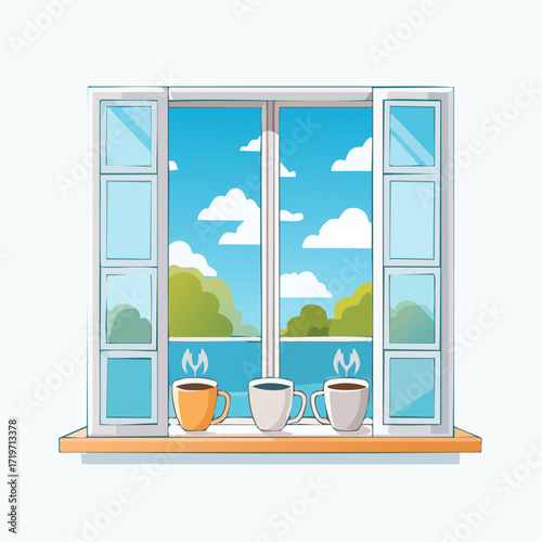 Three Cups Of Coffee On Window Sill Scenic View