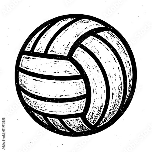 Black and white distressed illustration of a classic volleyball with textured panels and bold outlines. This iconic sports ball art is perfect for graphic design, vintage themes, athletic apparel, and