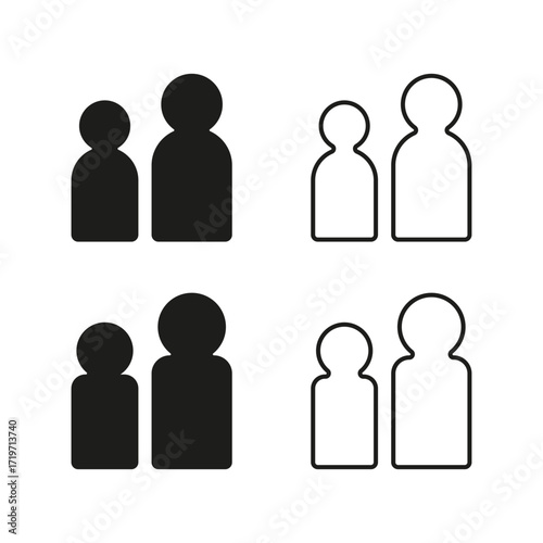 Minimalist icon set of two human figures in solid and outline styles, ideal for UI design, signage, or social interaction concepts.
