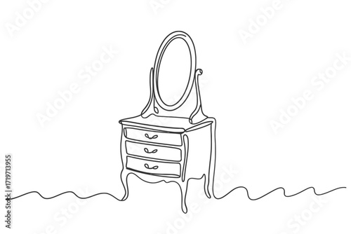 Elegant oval mirror vanity with three drawers and decorative base