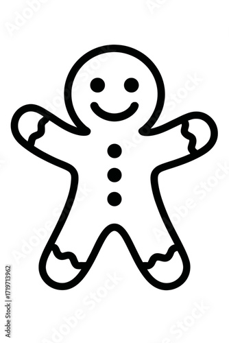 Black outline drawing of a happy gingerbread man cookie, perfect for holiday season, Christmas baking, winter festivities, and sweet treat illustrations. Simple cartoon vector icon or clip art for fes