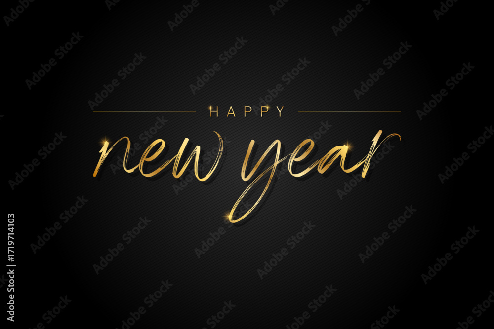 Obraz premium gold, happy new year hand-drawn, handwritten lettering on black background. calligraphy, typography, design vector illustration.