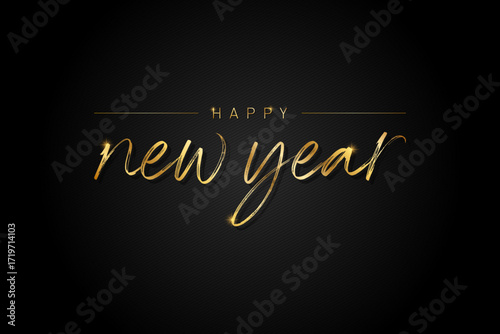 gold, happy new year hand-drawn, handwritten lettering on black background. calligraphy, typography, design vector illustration.