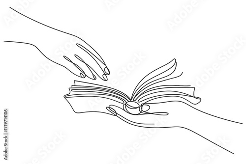 Hands exchanging an open book in a continuous line drawing