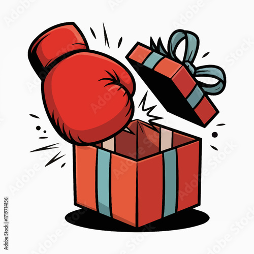Surprise Attack Boxing Glove Punching Open Gift Box Concept Red Festive Celebration unexpected present