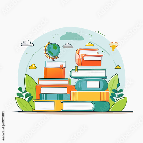 Stack of Books with Globe and Green Leaves Illustration