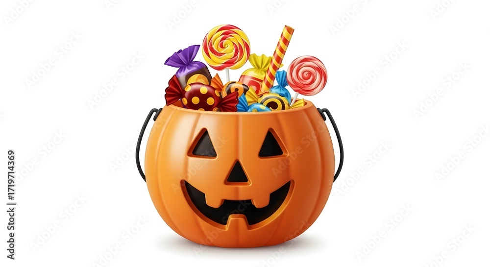 Fototapeta premium Illustration of halloween pumpkin bucket full of candy isolated on white background