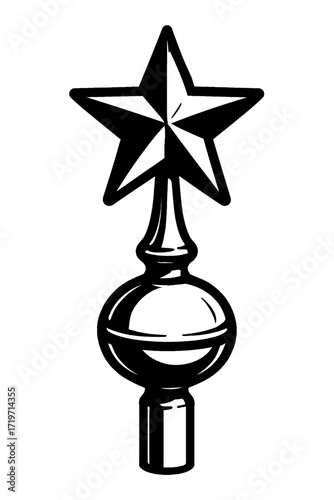Elegant Black & White Five-Pointed Star Finial Illustration for Decorative Pole Topper, Staff Ornament, or Banner Adornment, Featuring Classic Design Elements & Timeless Appeal, Perfect for Historical