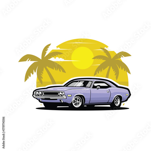 American classic muscle car in summer beach vector illustration isolated. Best for automotive tshirt design
