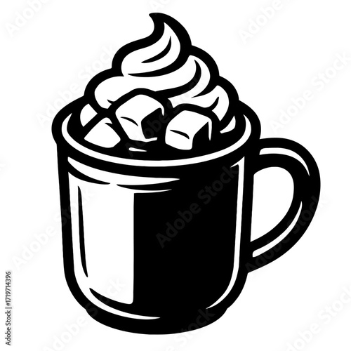 Black and white vector illustration of a warm and cozy hot chocolate mug, topped with fluffy whipped cream and delicious marshmallows. Perfect graphic for winter, holidays, sweet drinks, or comforting
