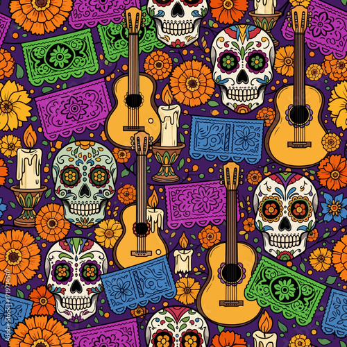 Vibrant Day of the Dead Seamless Pattern with Sugar Skulls, Marigolds, and Festive Cultural Elements