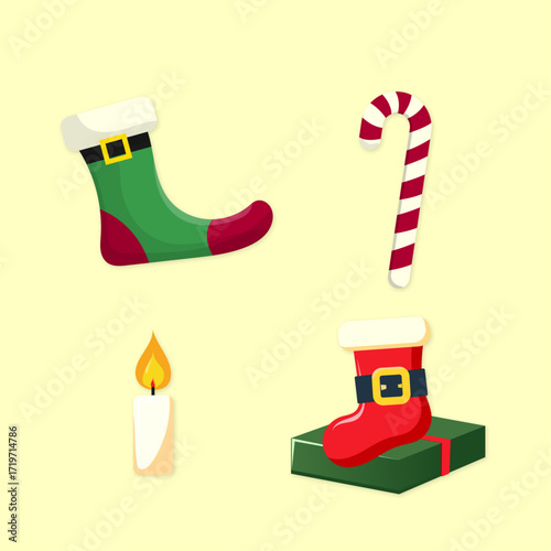 Christmas set of items holiday candles gifts caramel flat vector in karsno green color