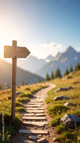 Directional bliss on a scenic mountain trail with a rustic wooden sign