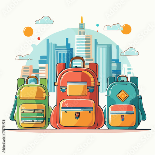 Three Backpacks Against City Skyline Illustration