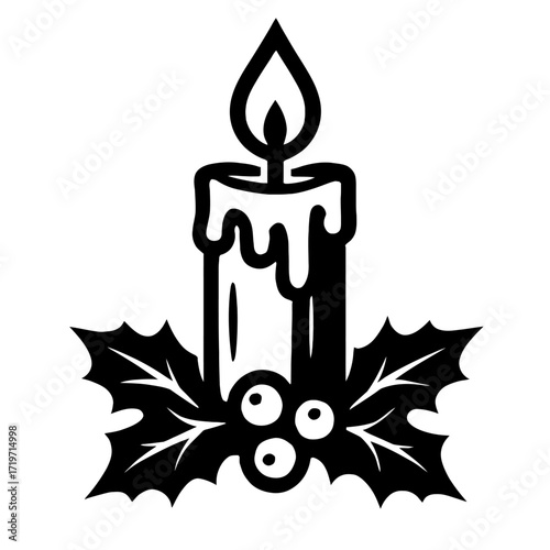 Elegant black and white icon featuring a lit Christmas candle with melting wax, adorned by festive holly leaves and bright red berries, perfect for holiday greetings, winter decorations, seasonal grap