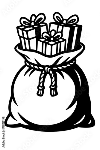 Black and white illustration of a festive gift sack overflowing with wrapped presents and bows, symbolizing holiday cheer, joy, and the spirit of giving. Ideal for Christmas, birthdays, and special ce