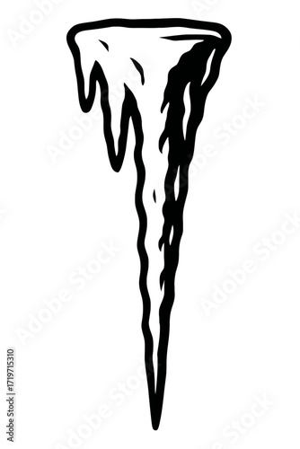 Stunning black and white vector illustration of a sharp, elegant icicle dripping frozen water, perfect for winter season designs, cold weather graphics, holiday projects, and nature-themed art. A vers